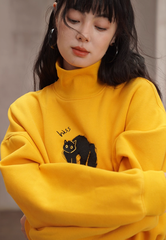 【限量庫存】黑貓刺繡復古高領衛衣 X3443