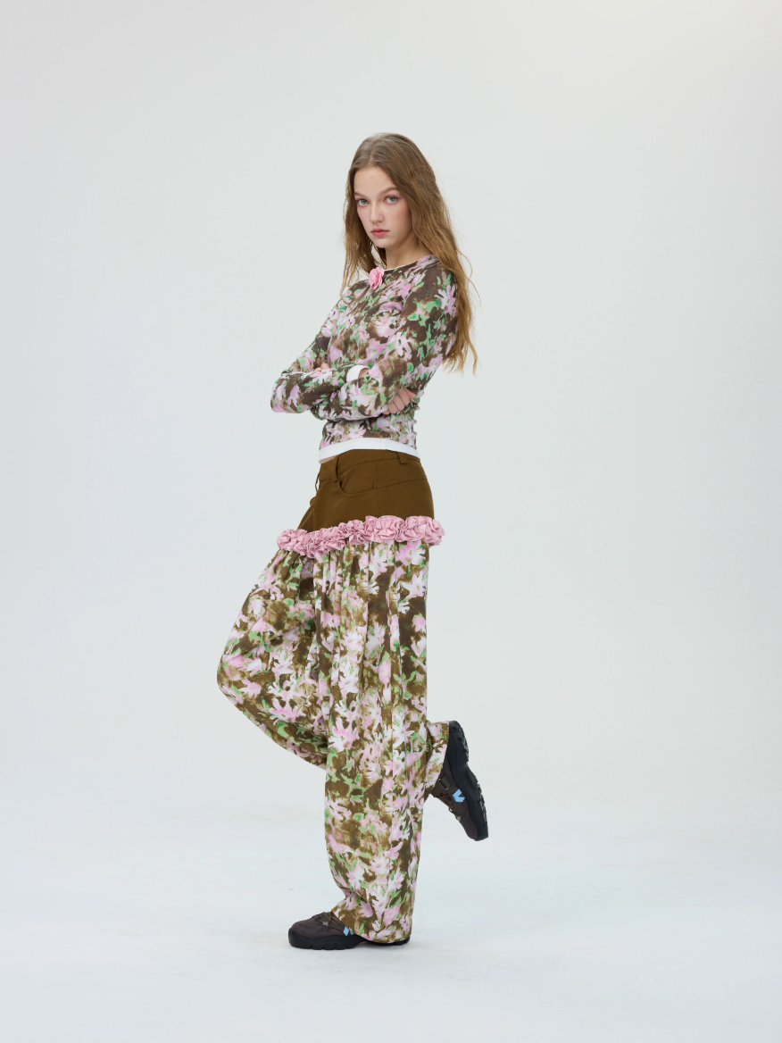 Printed & Check Patchwork Curved Pants with Ruffle Detail X3507