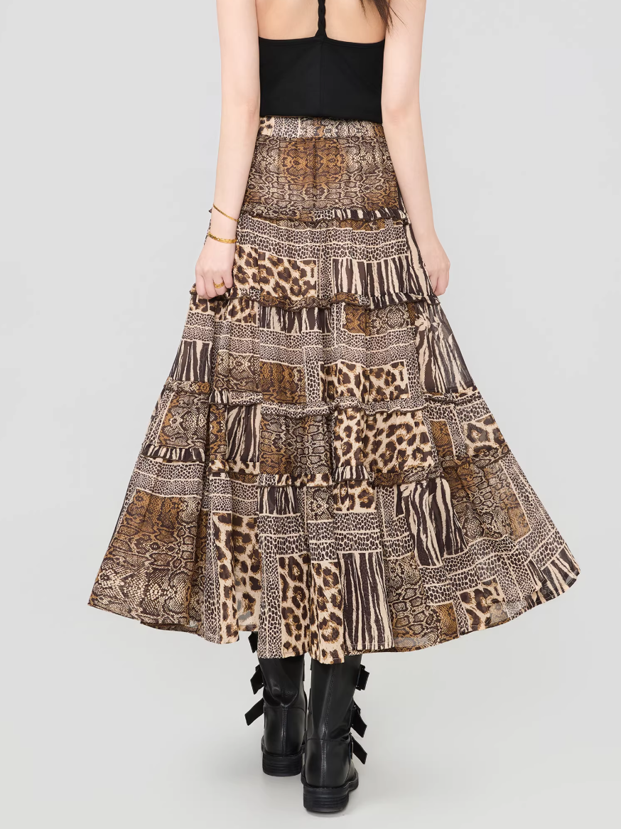 Leopard Print Ruffle Patchwork Chiffon Skirt (Long / Mini) X3539