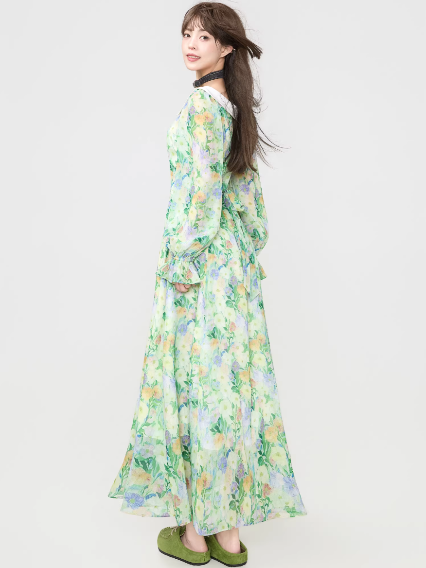 Floral Chiffon Puff Sleeve Long Dress X3540