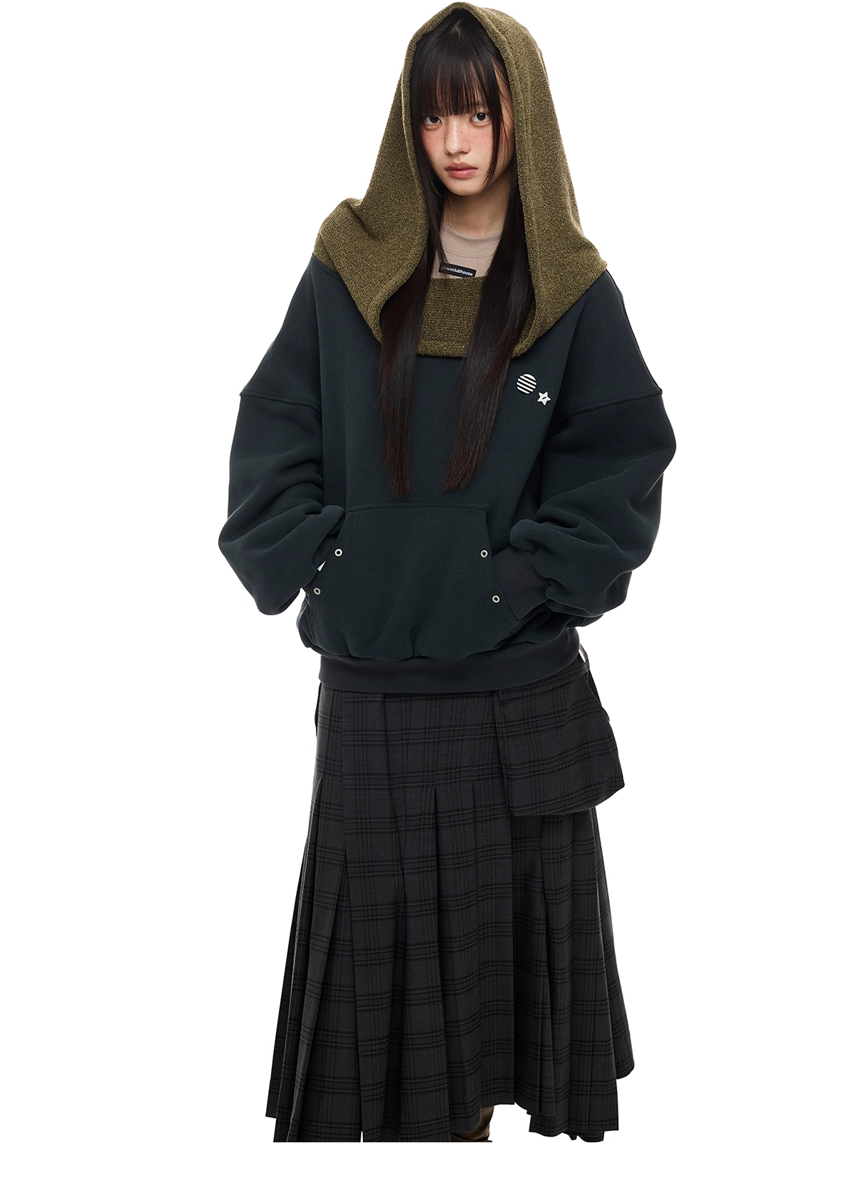 Layered-Look Off-Shoulder High-Neck Hoodie X3485