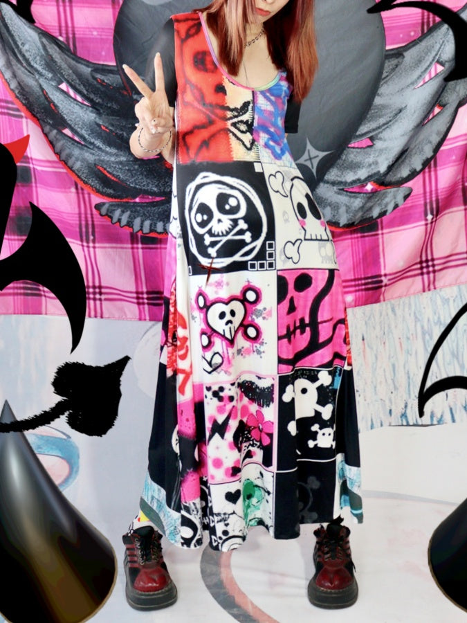 スカルプリントTシャツワンピース X2446