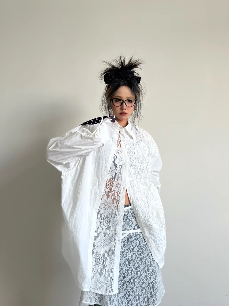 White Lace Panelled Layered-Style Long Sleeve Shirt X3340