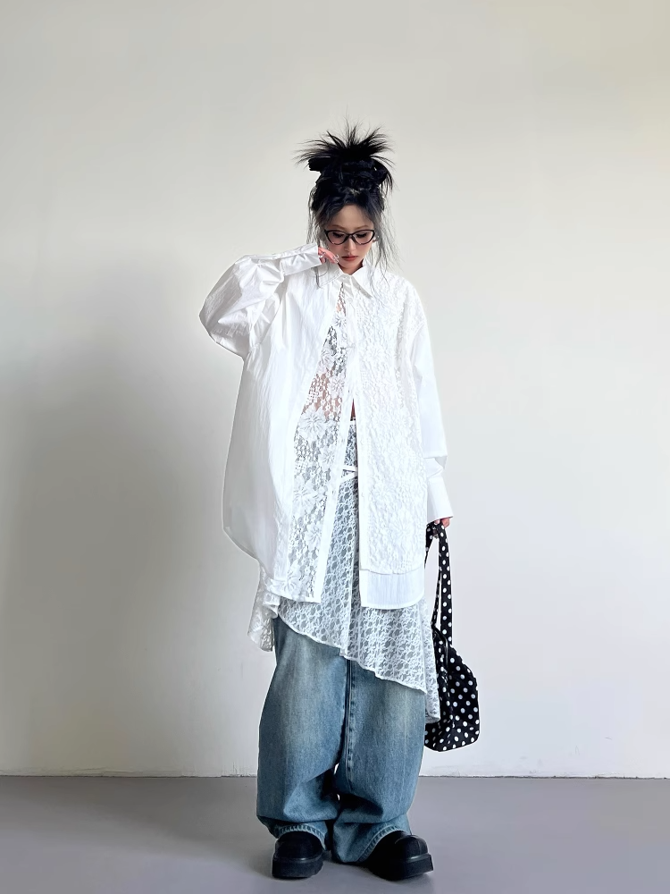 White Lace Panelled Layered-Style Long Sleeve Shirt X3340