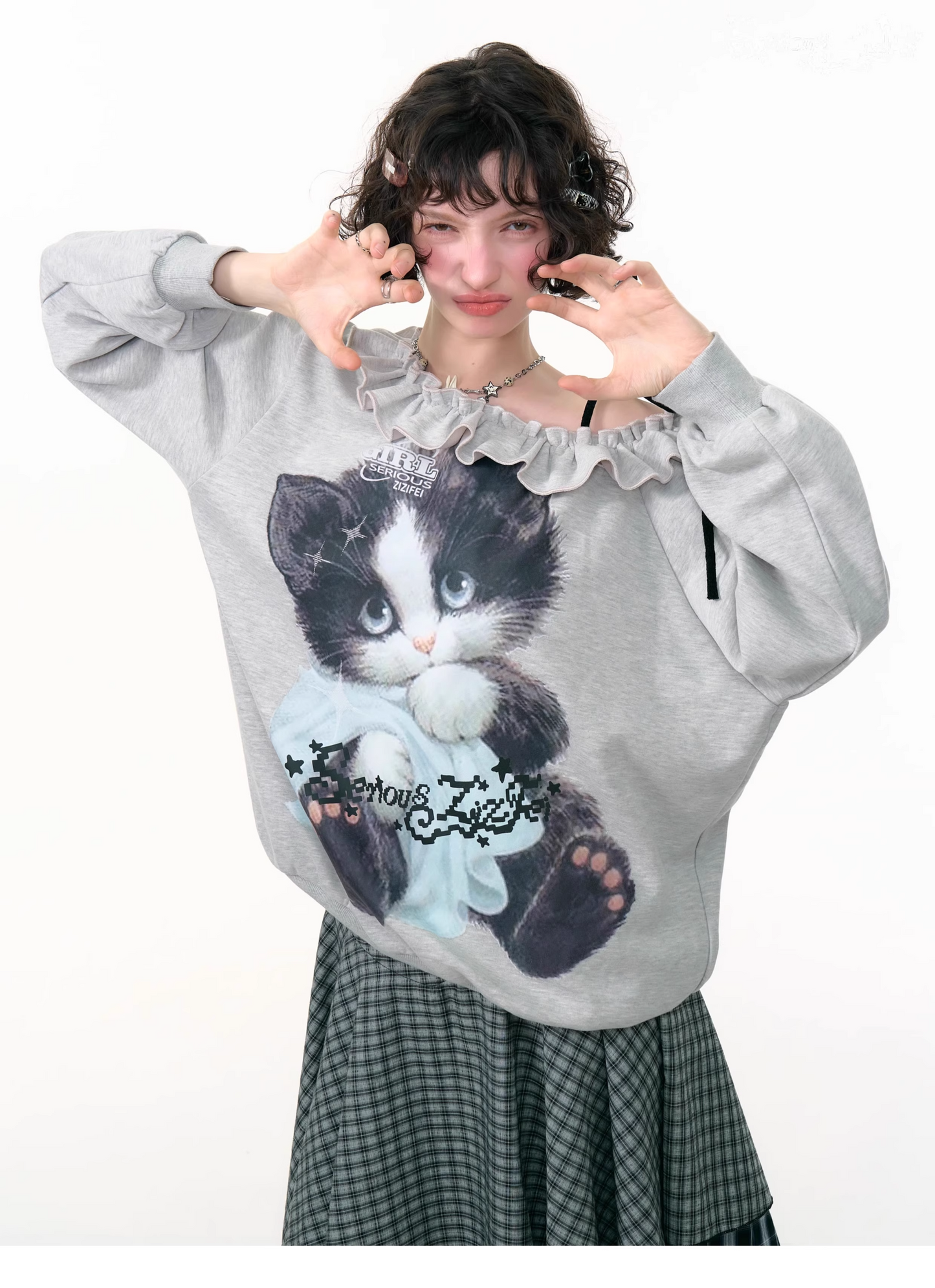 Cat Print One-shoulder Sweatshirt X3386