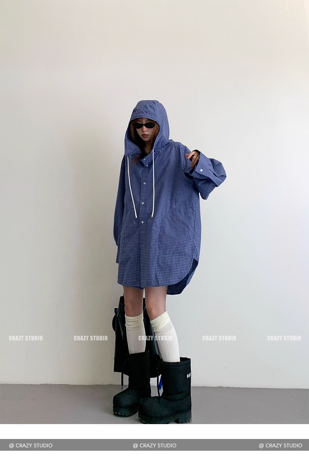Street Style Plaid Hooded Oversized Drawstring Shirt Jacket X3336