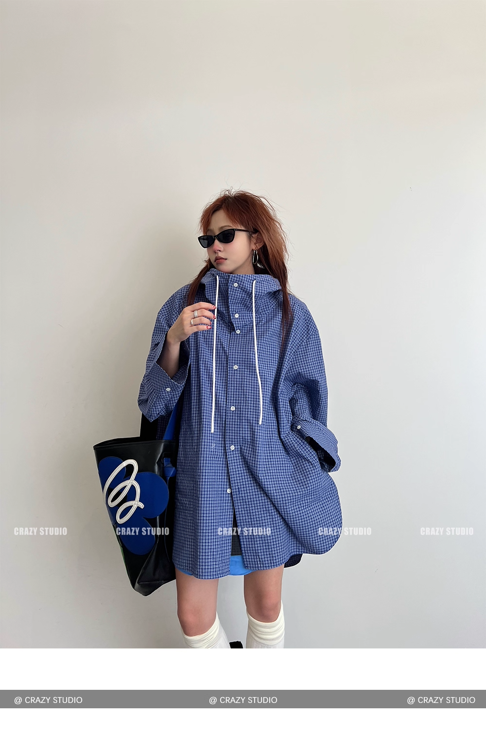 Street Style Plaid Hooded Oversized Drawstring Shirt Jacket X3336
