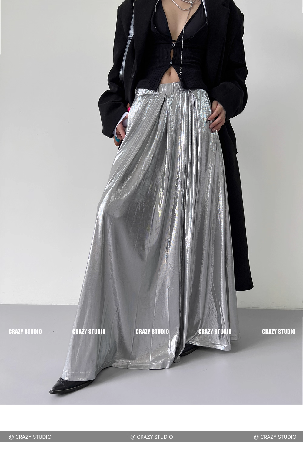 Liquid Silver Metallic A-Line Maxi Skirt X3337