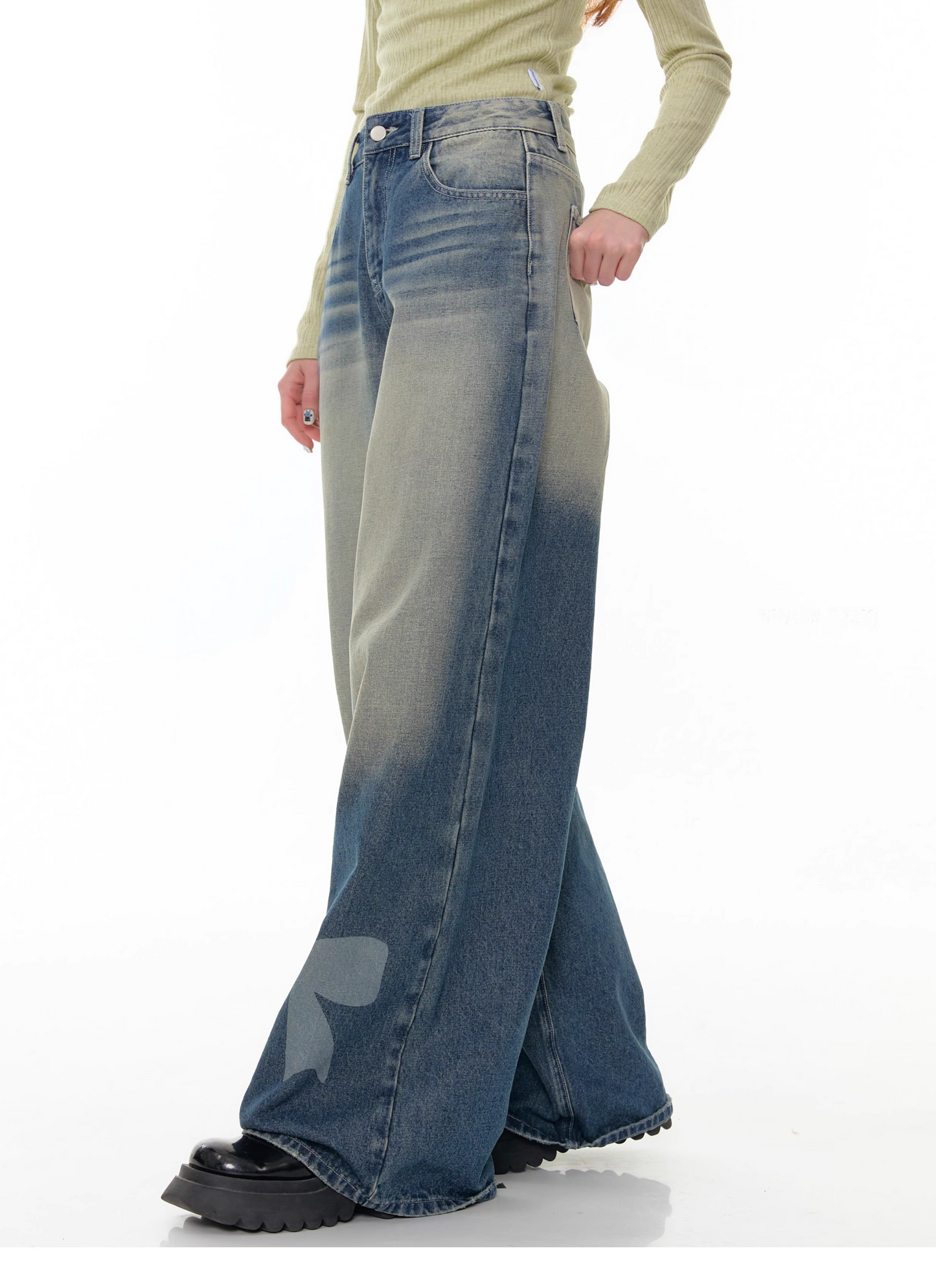 High Waist Wide-leg Straight Denim Pants with Bow X3383