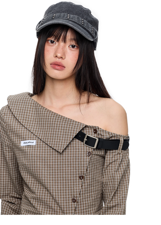 Asymmetric Off-Shoulder Plaid Long Sleeve Shirt X3331