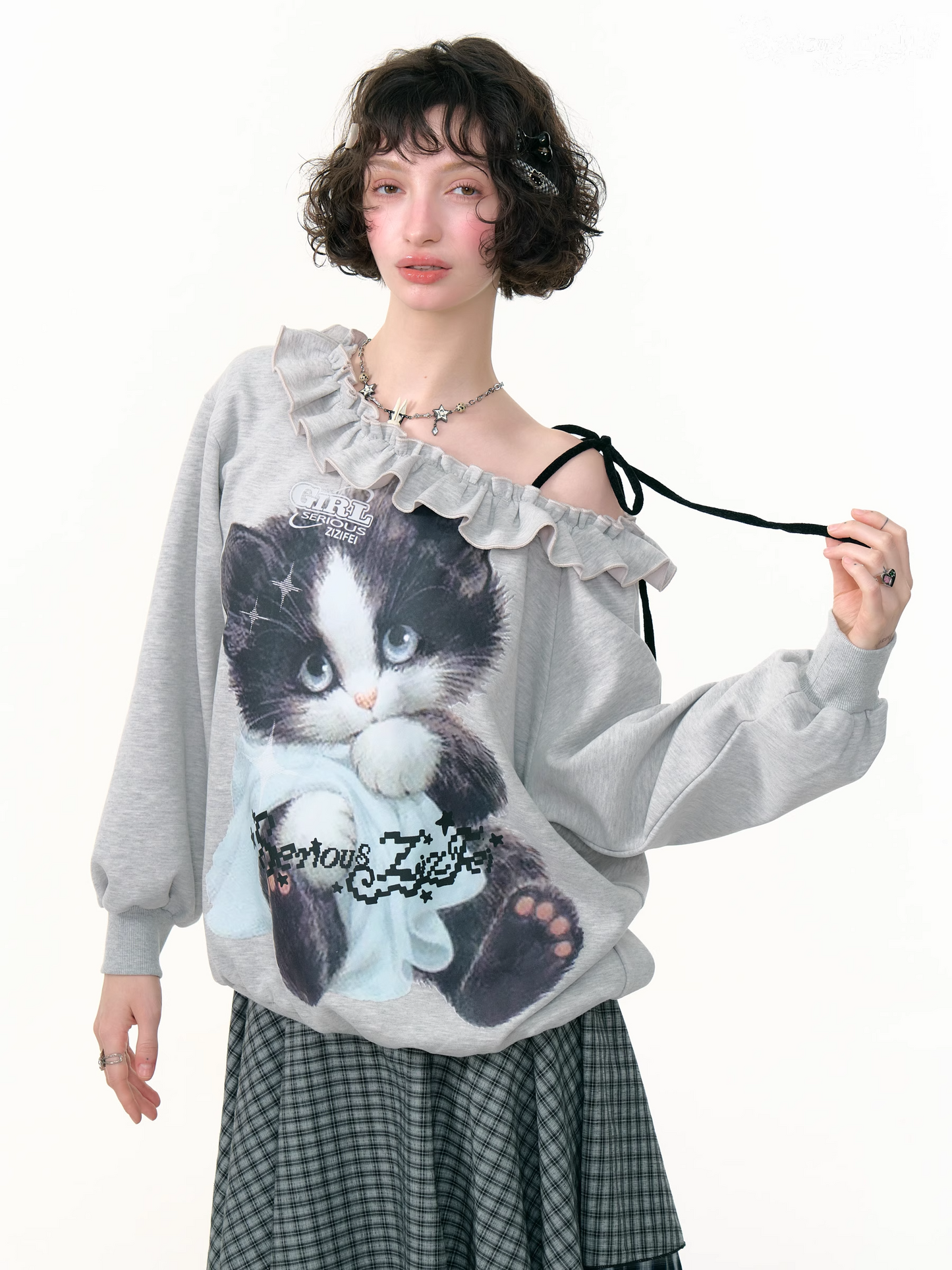 Cat Print One-shoulder Sweatshirt X3386