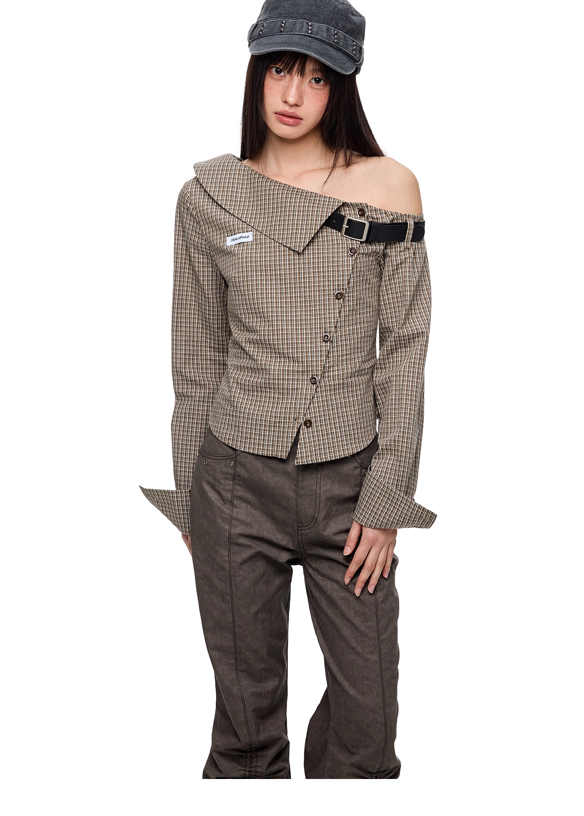 Asymmetric Off-Shoulder Plaid Long Sleeve Shirt X3331