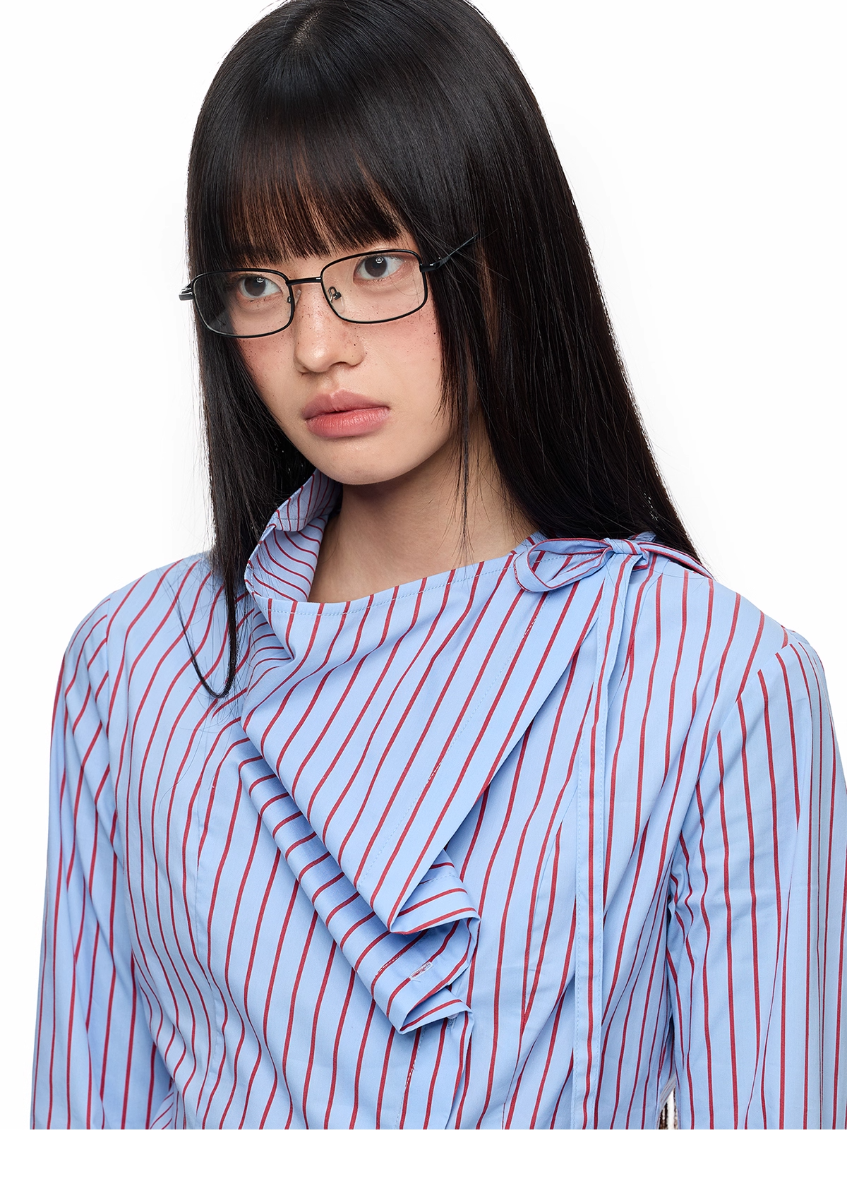 Blue Striped Long Sleeve Overlap Collar Shirt X3333