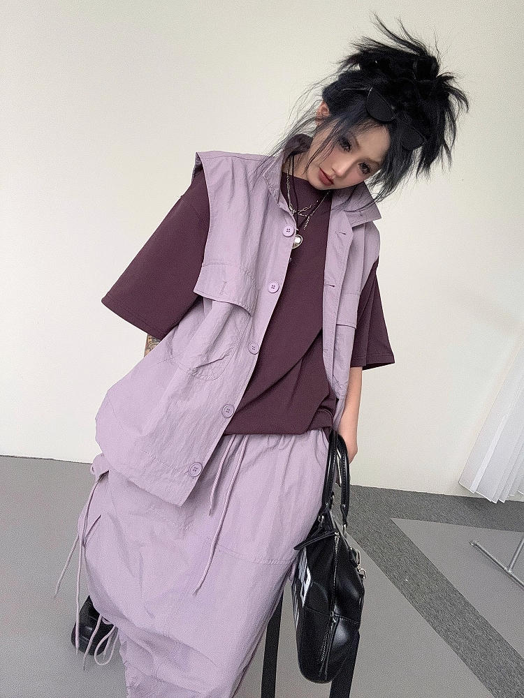Vintage Purple Utility Vest & Drawstring Skirt Set X3339