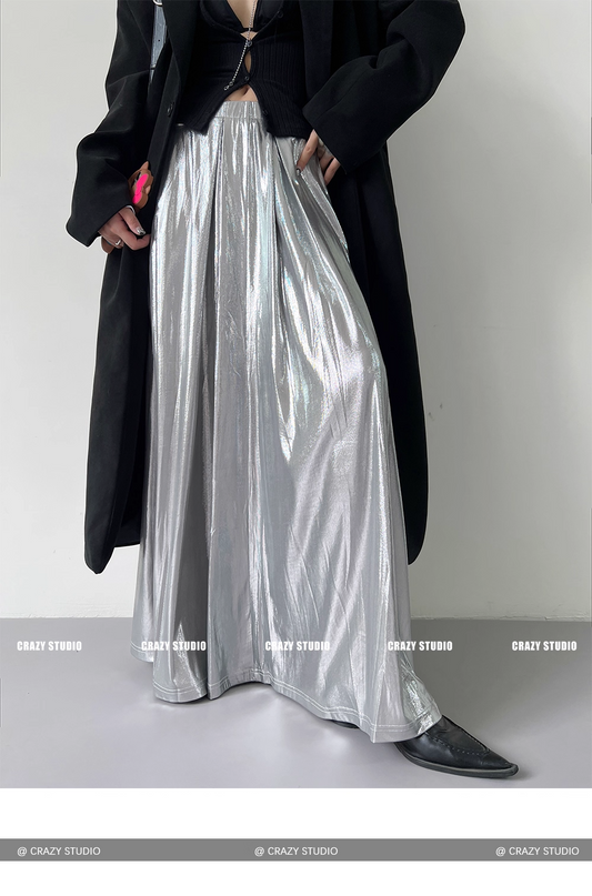Liquid Silver Metallic A-Line Maxi Skirt X3337