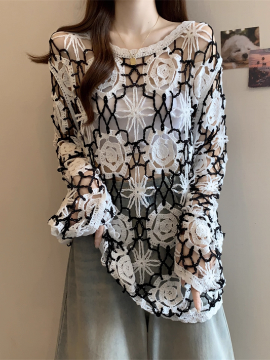 Hollow Crochet Knit Long Sleeve Cardigan X3312