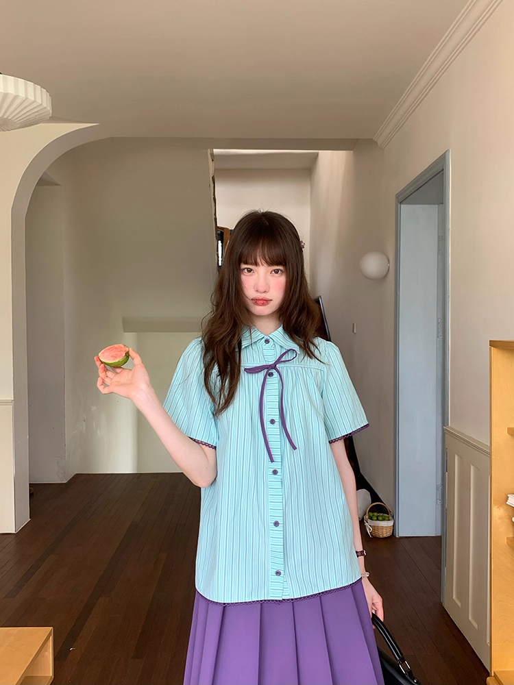 Cheese Color Bow Tie Sailor Collar Loose Shirt/Shorts Set X3323