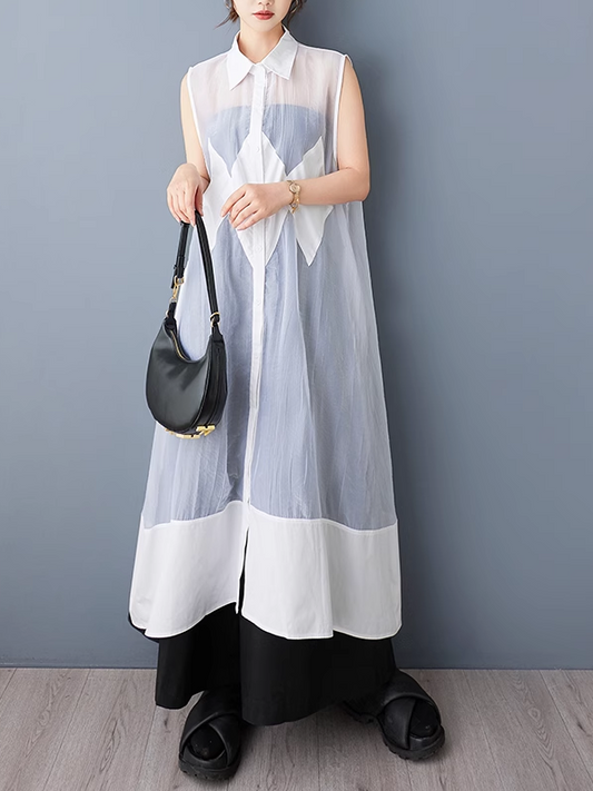 Geometric Mesh Panel Sleeveless Shirt Dress X3308
