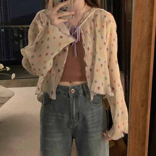 Polka Dot Short Sheer Chiffon Cardigan X3291