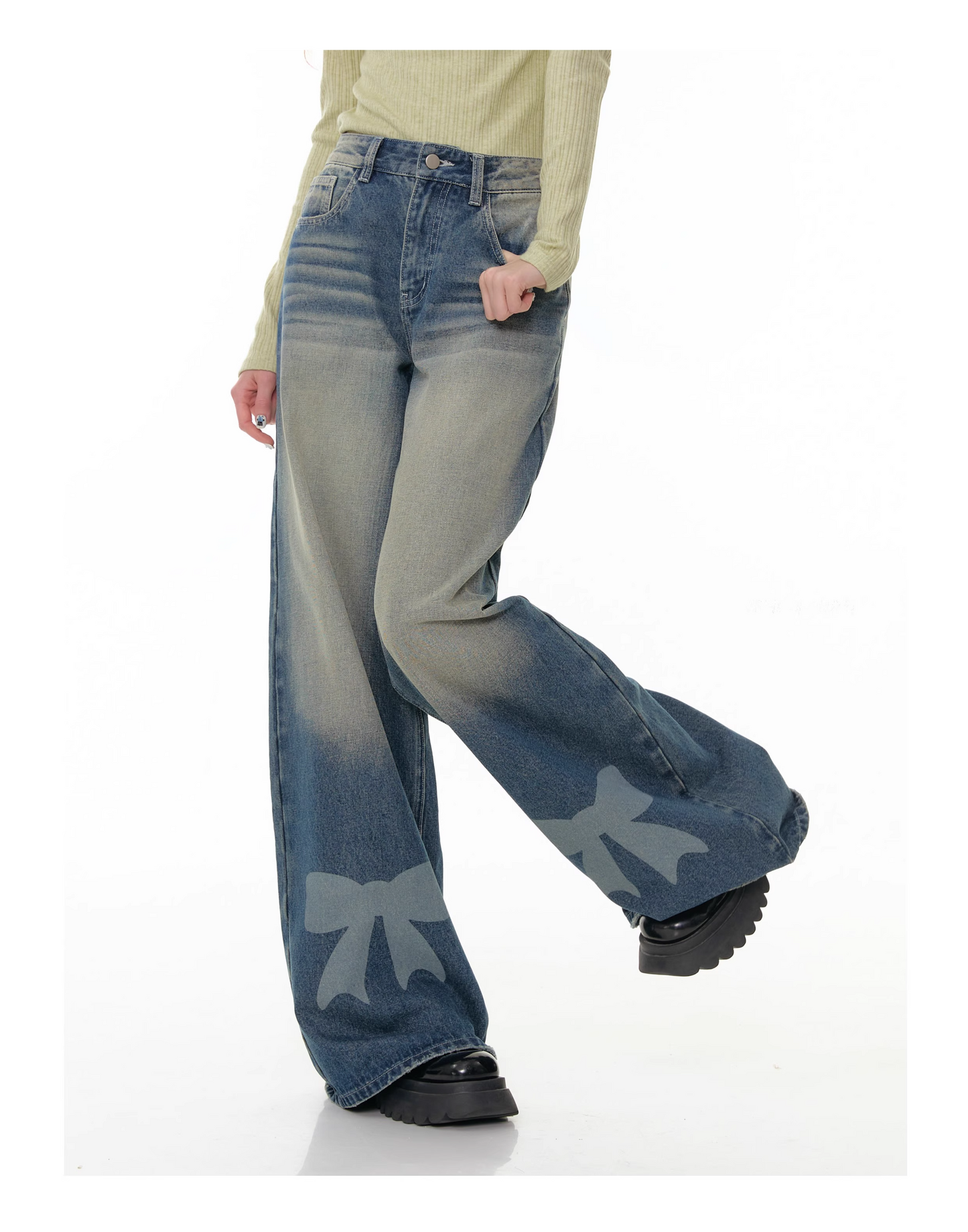 High Waist Wide-leg Straight Denim Pants with Bow X3383