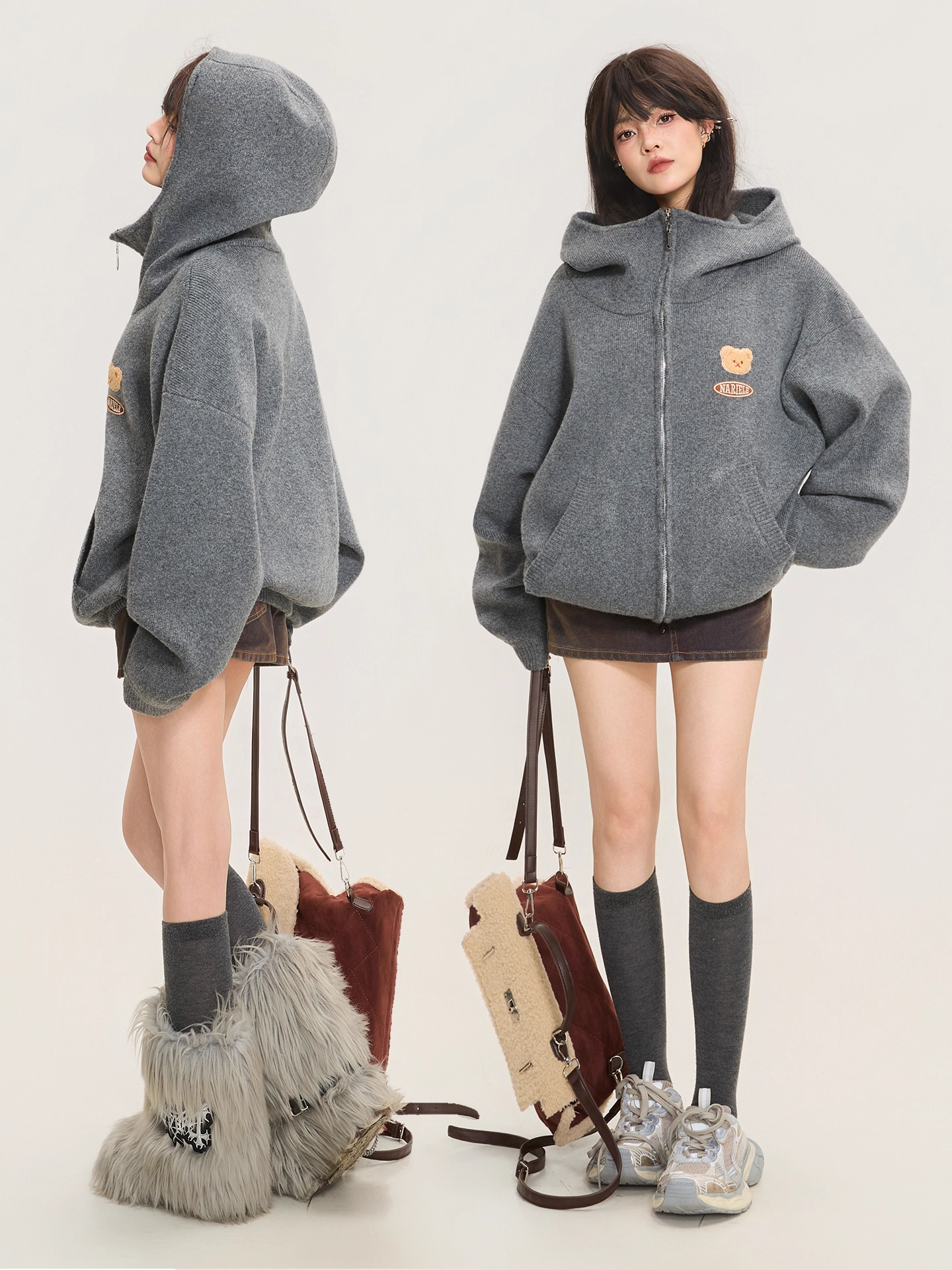 Heavyweight Grey Zip-Up Knit Hoodie Cardigan X3368