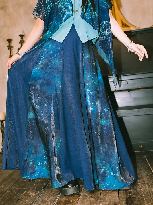 Blue Tie-Dye Jellyfish Print Balloon Skirt X3276