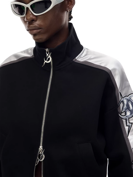 Mirror Graphic Sleeve Panel High-Neck Cropped Jacket X3490