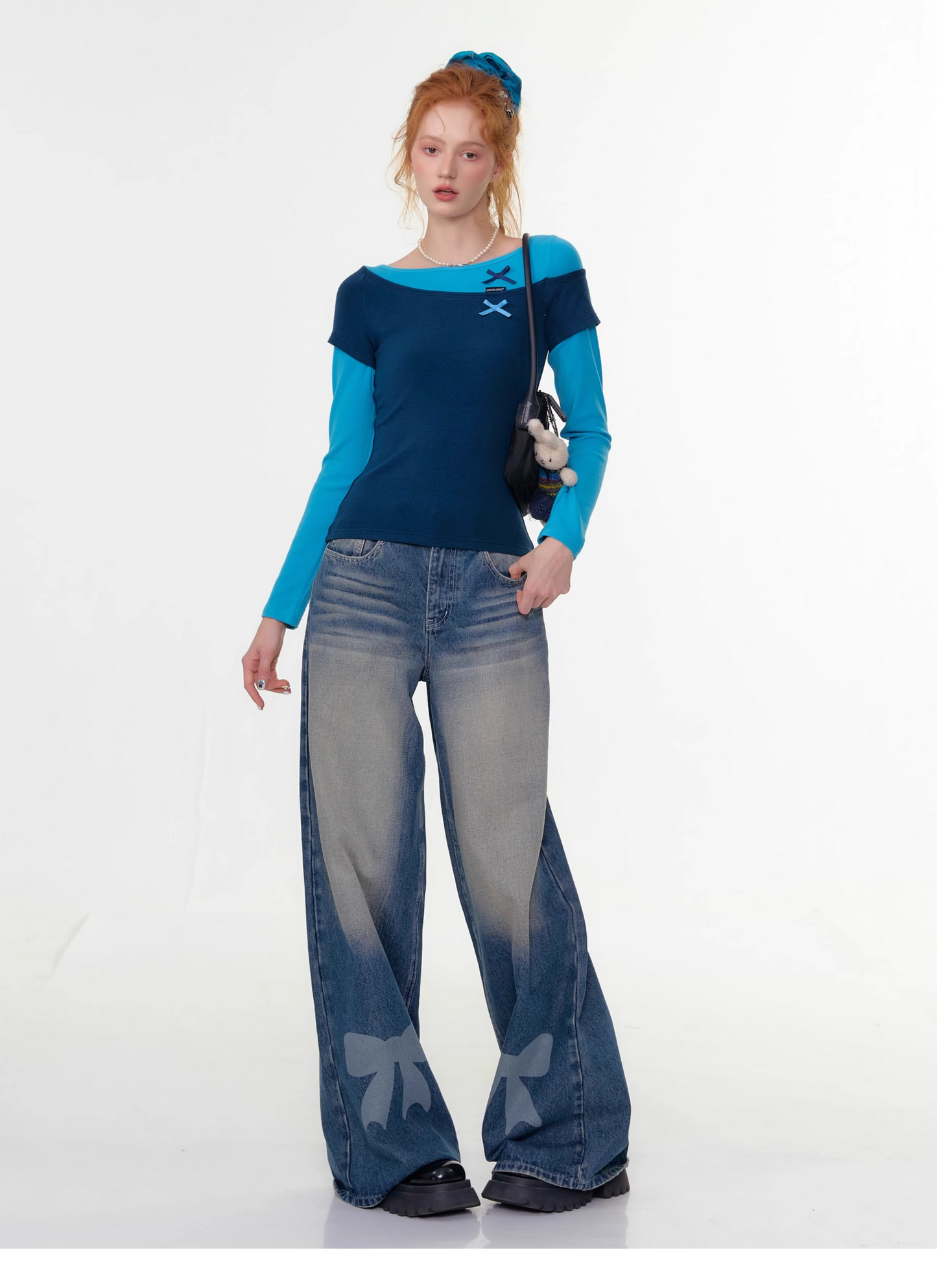 High Waist Wide-leg Straight Denim Pants with Bow X3383
