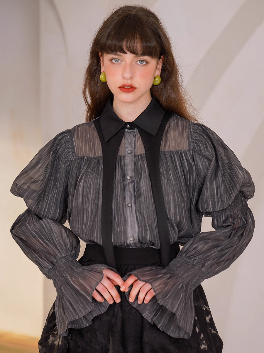 Elegant Black Puff Sleeve Shirt X3345