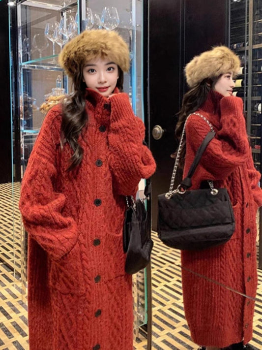 High collar long knit cardigan coat X2891