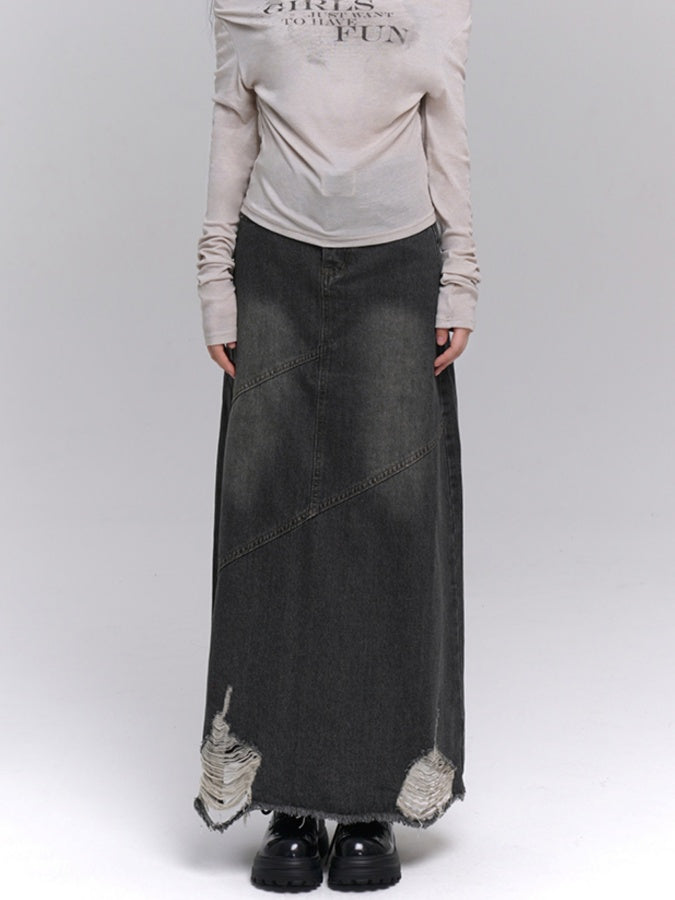 Washed Damaged Denim Skirt X2827