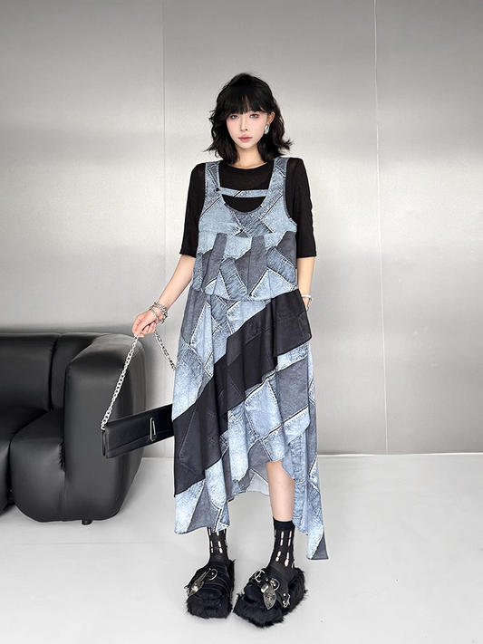 Elegant Denim Print 2Piece Dress Set X3262