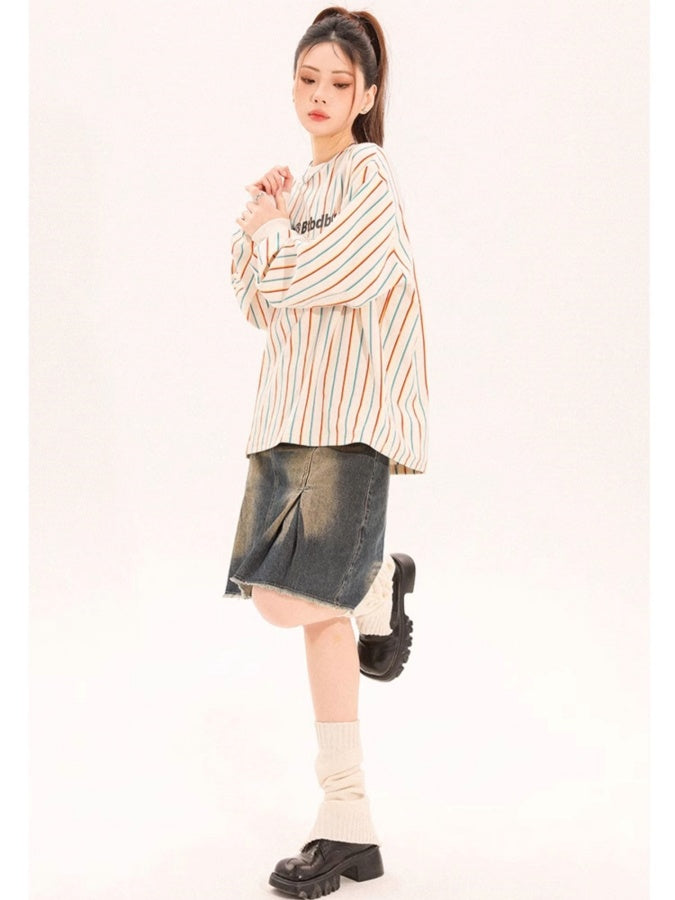 Y2K 彩色條紋套頭衫 X2671