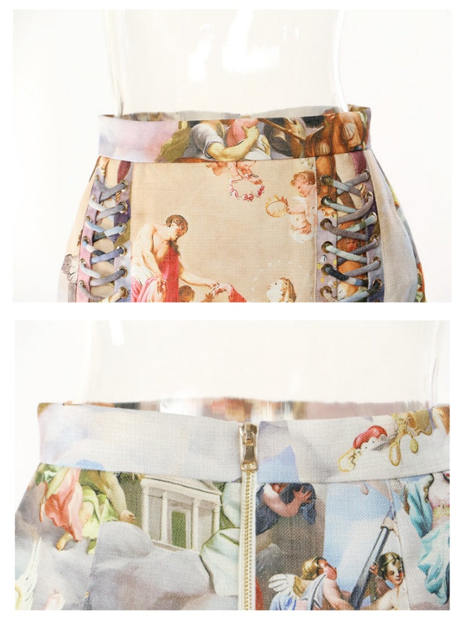 Antique art print mini skirt X2718
