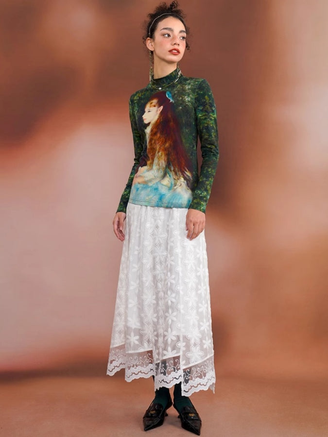 Retro Art Print Slim Bottoming Shirt X2674