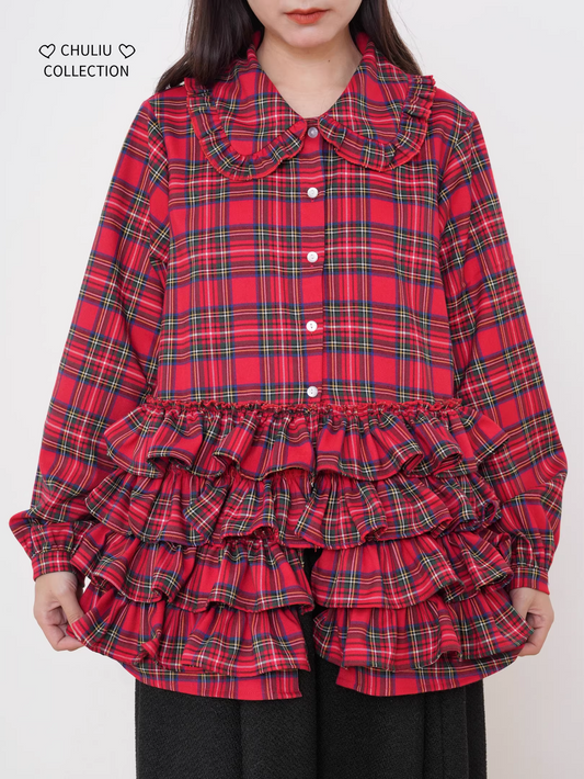 Retro Plaid Tiered Ruffle Hem Shirt X3525