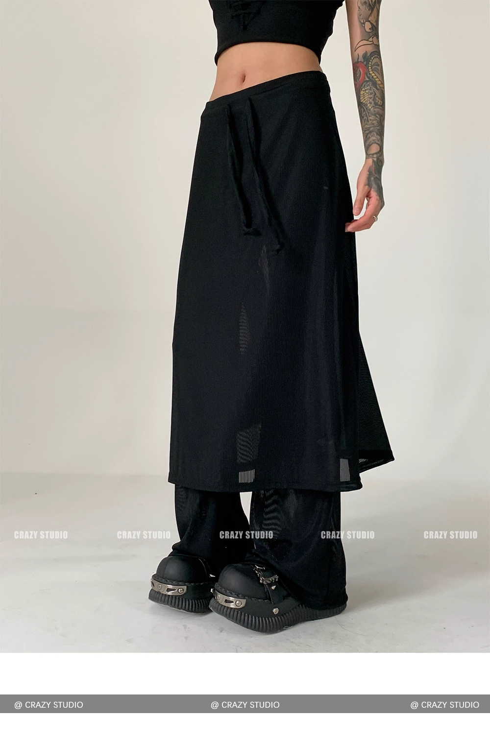 Layered Mesh Panel Drawstring Flared Skirt Pants X3342