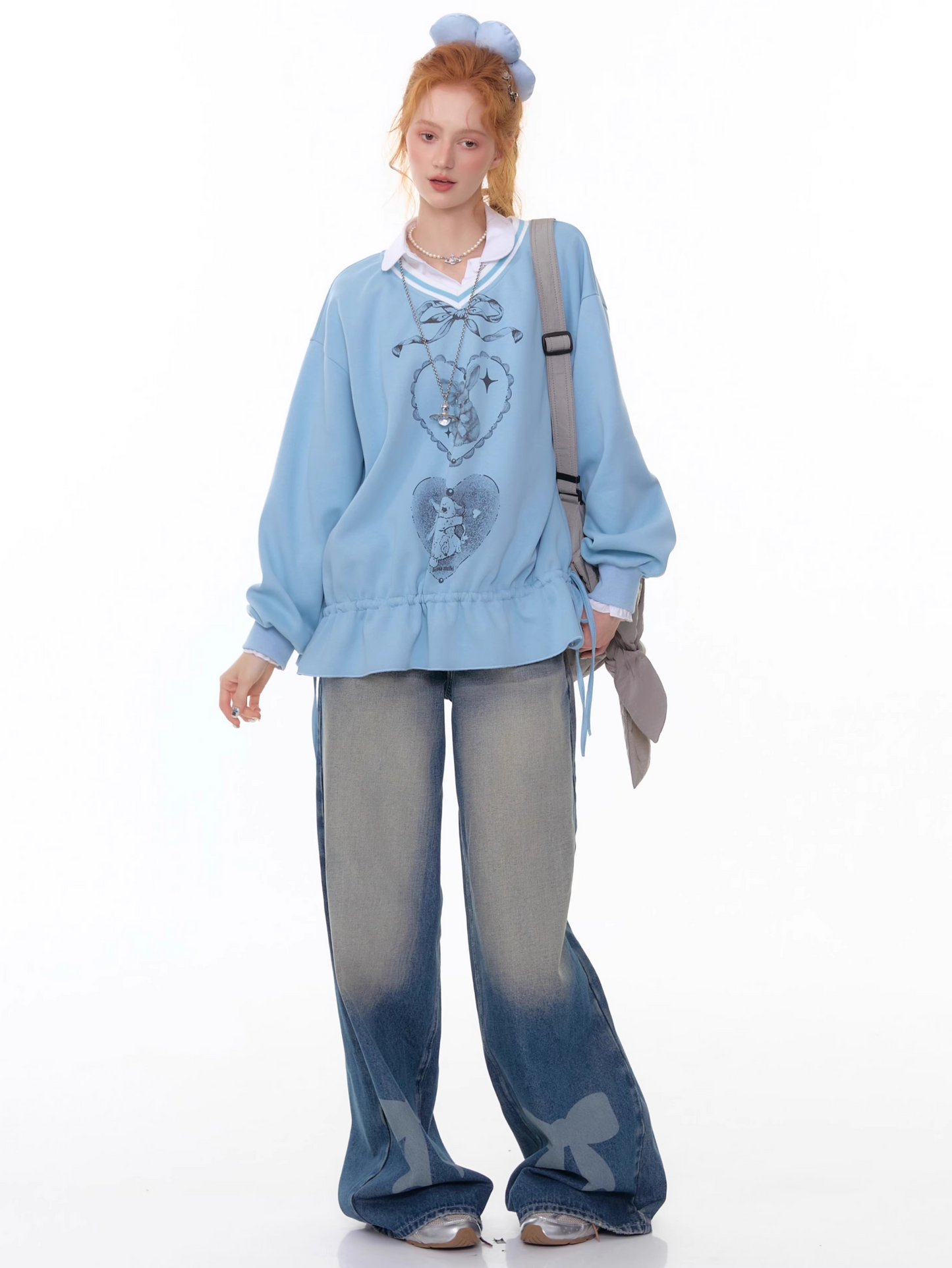 High Waist Wide-leg Straight Denim Pants with Bow X3383