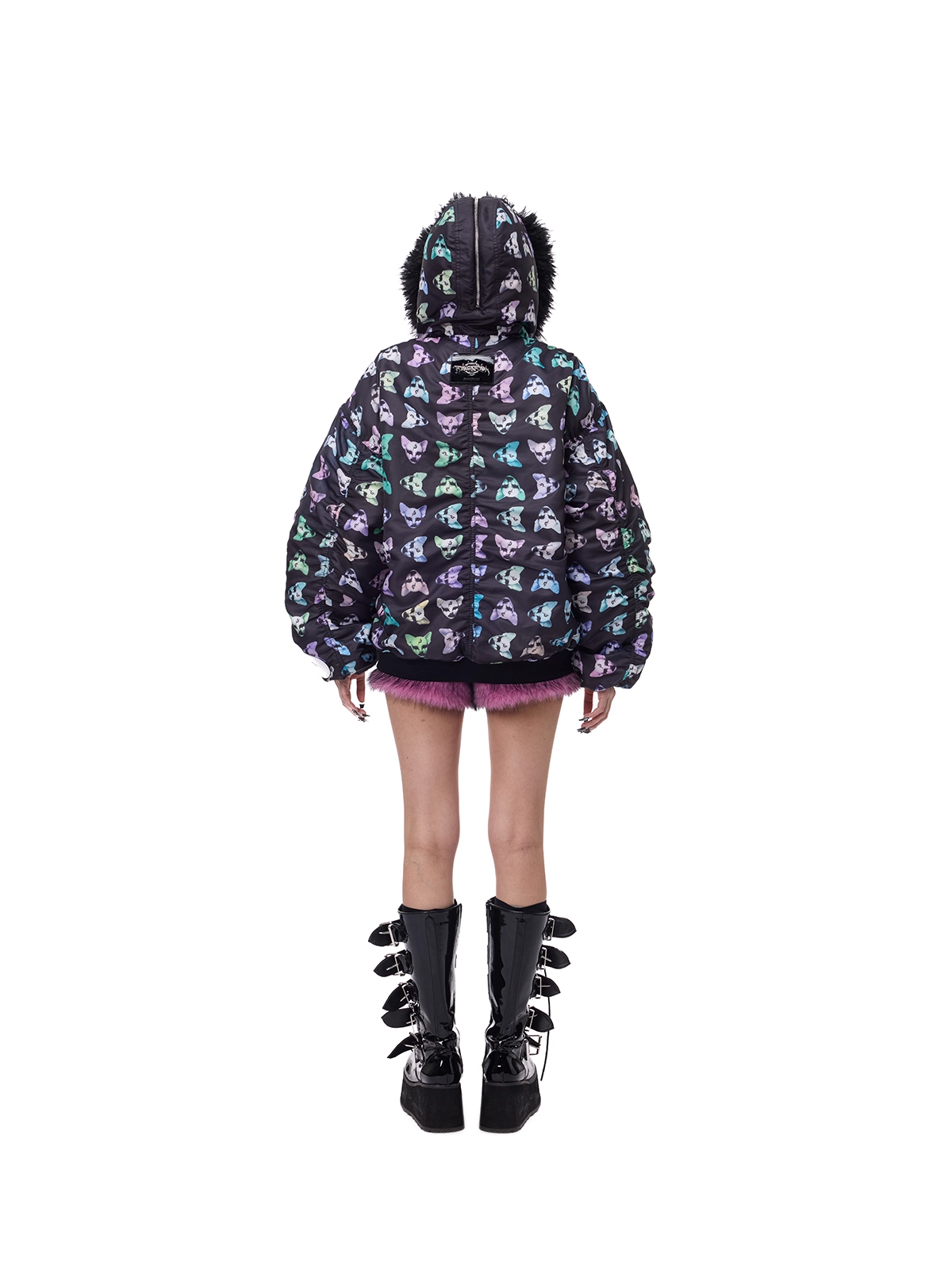 Cat Motif Print Black Metal Faux-Fur Collar Padded Jacket (Unisex) X3488