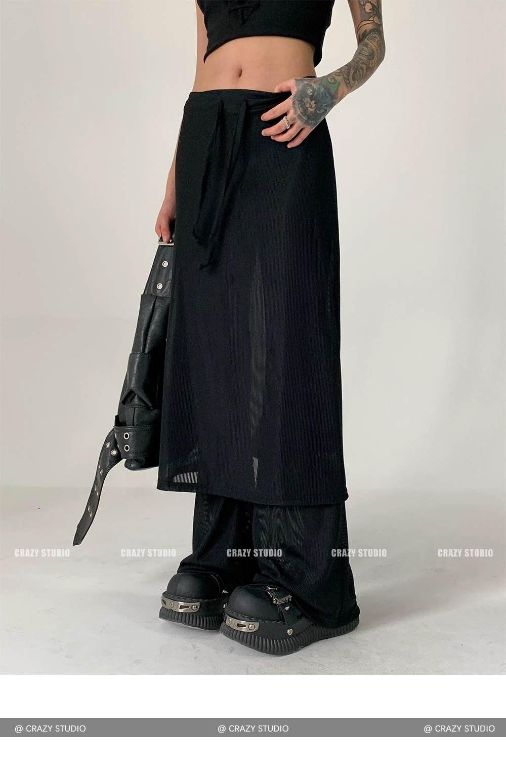 Layered Mesh Panel Drawstring Flared Skirt Pants X3342