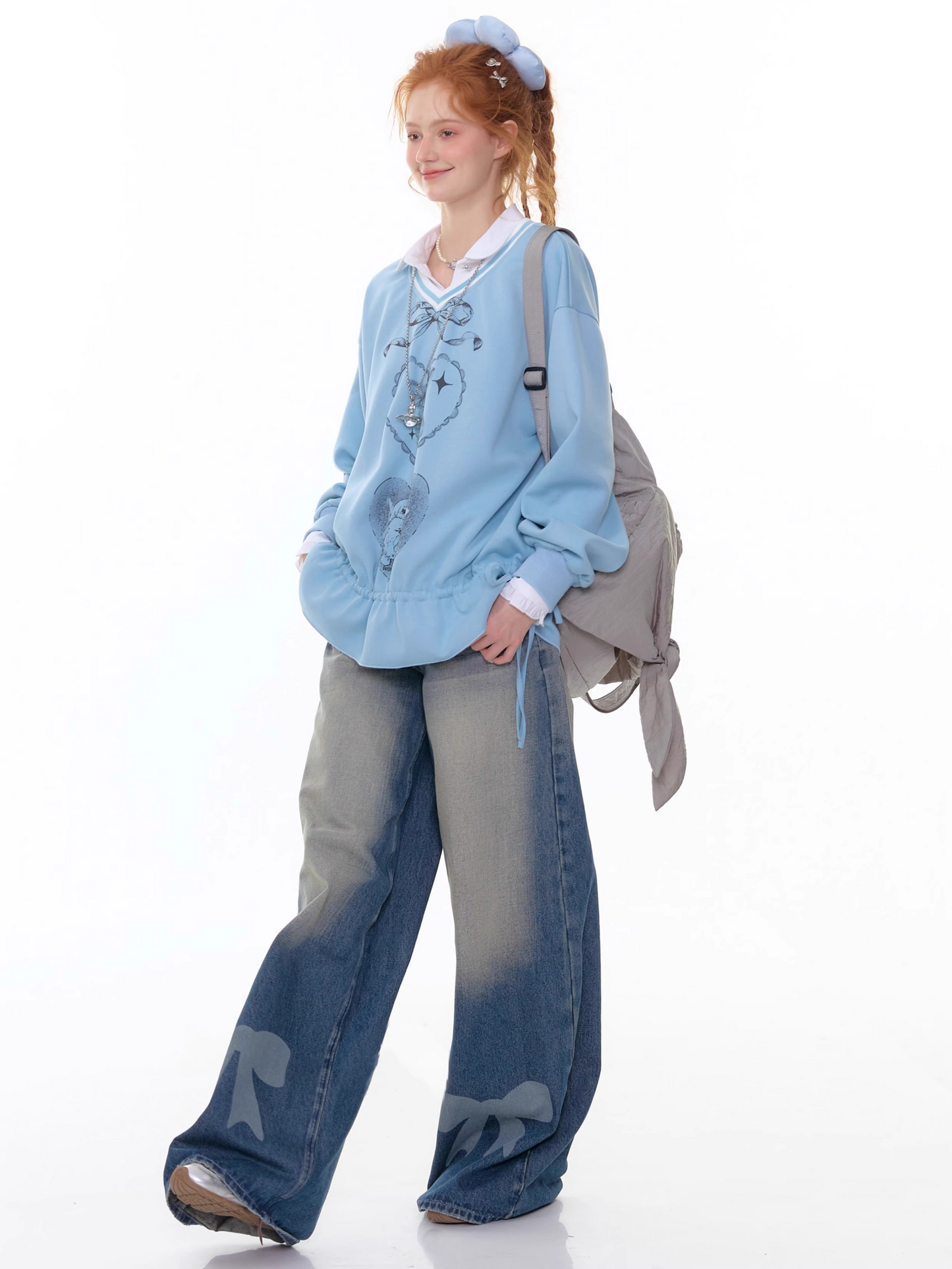 High Waist Wide-leg Straight Denim Pants with Bow X3383