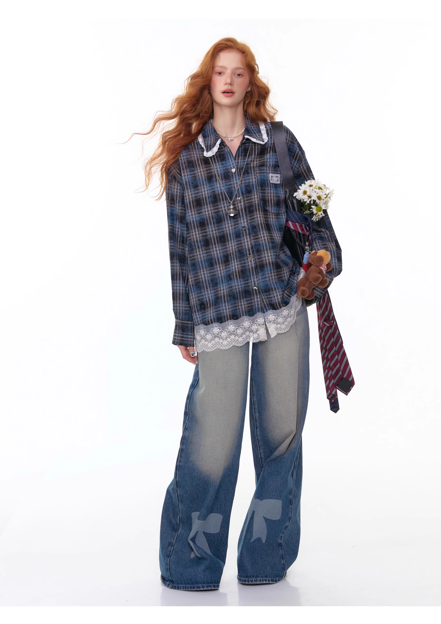 High Waist Wide-leg Straight Denim Pants with Bow X3383