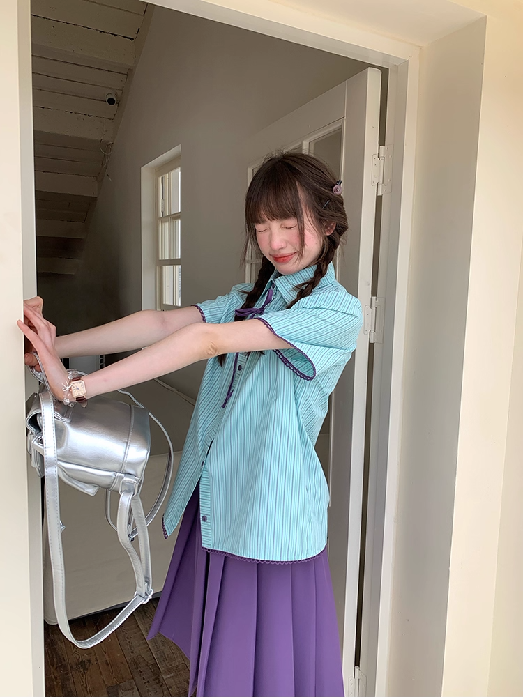 Cheese Color Bow Tie Sailor Collar Loose Shirt/Shorts Set X3323