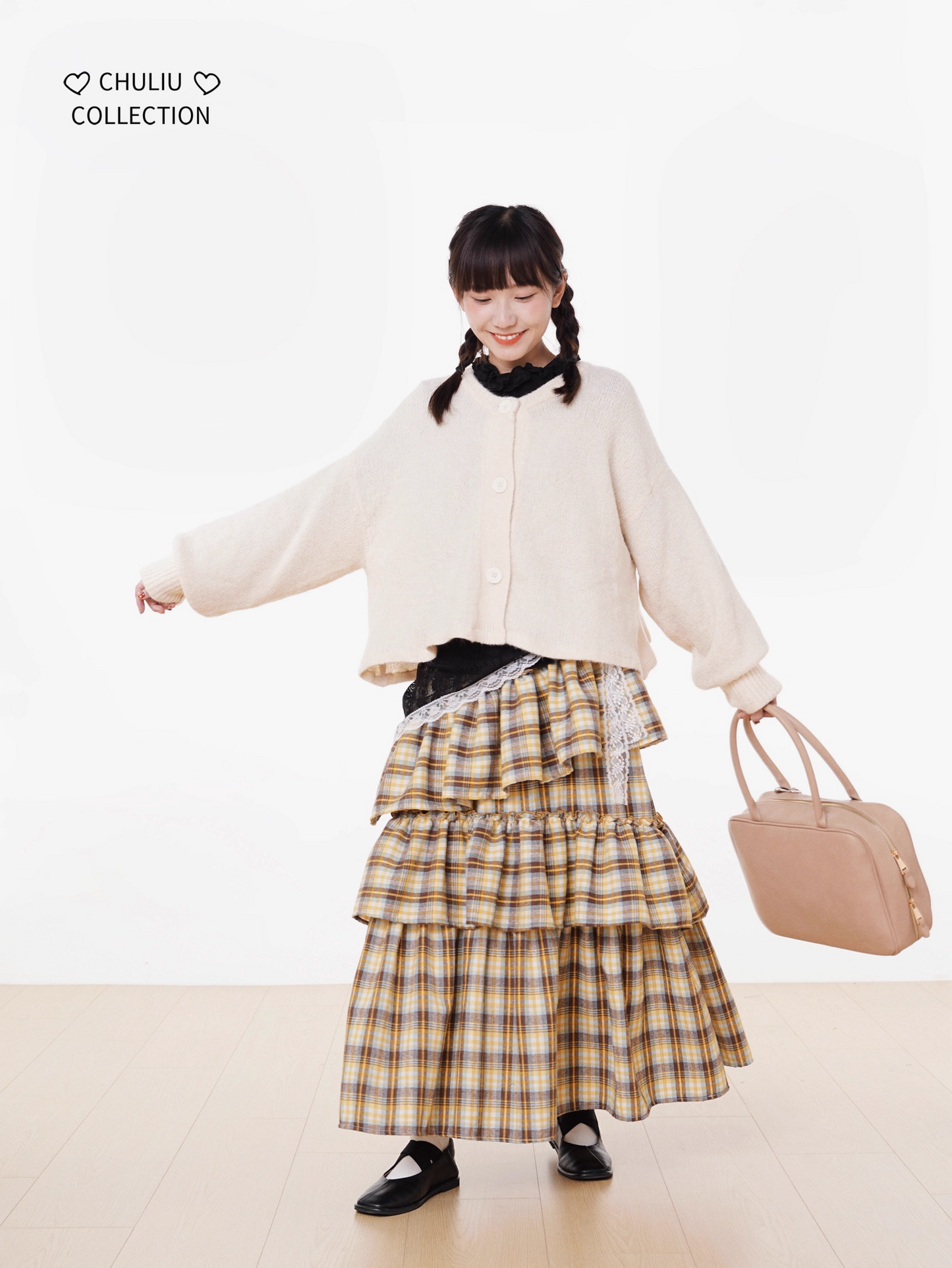 Autumn Winter Brushed Retro Check Tiered Skirt X3406