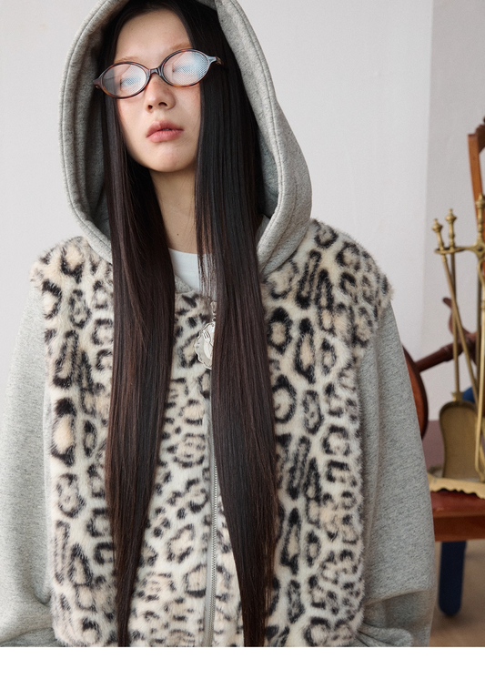 Leopard Faux-Fur Panel Hoodie & Pants X3487