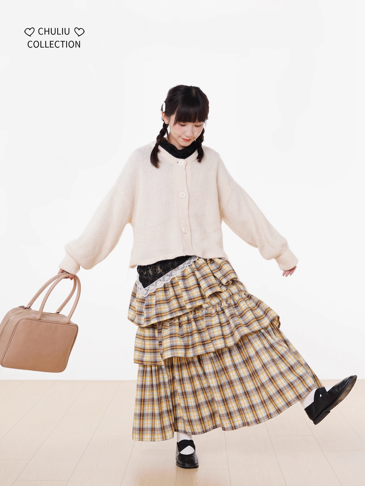 Autumn Winter Brushed Retro Check Tiered Skirt X3406