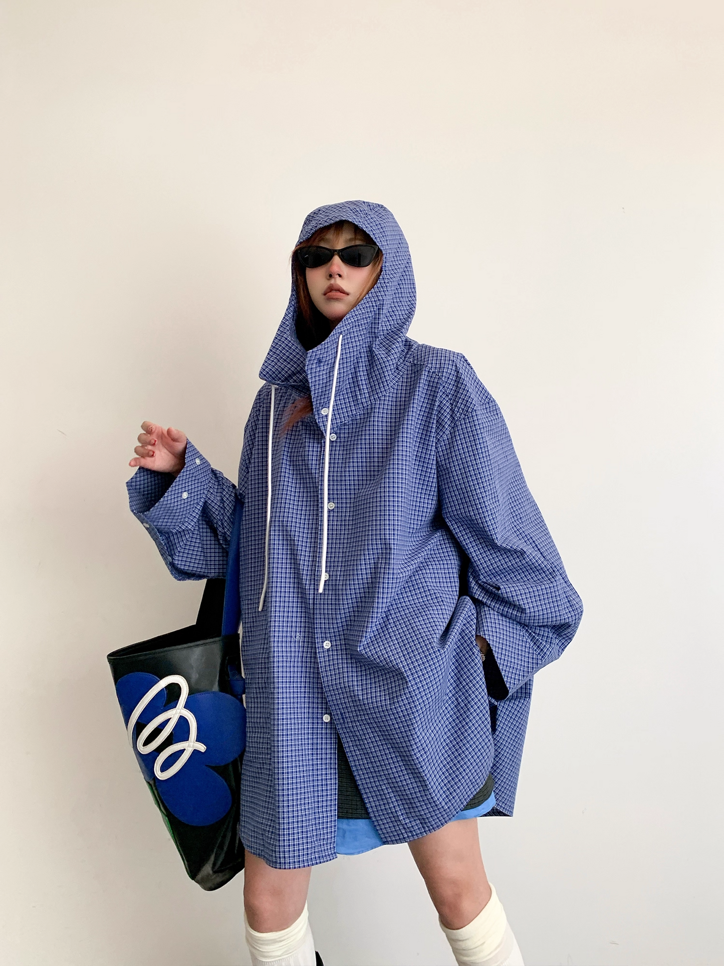 Street Style Plaid Hooded Oversized Drawstring Shirt Jacket X3336