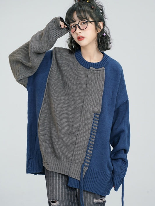 Asymmetrical Damaged Colorblock Sweater X2875