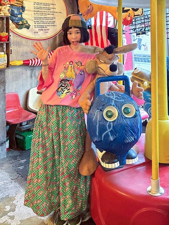 Retro cute print loose pants X2743