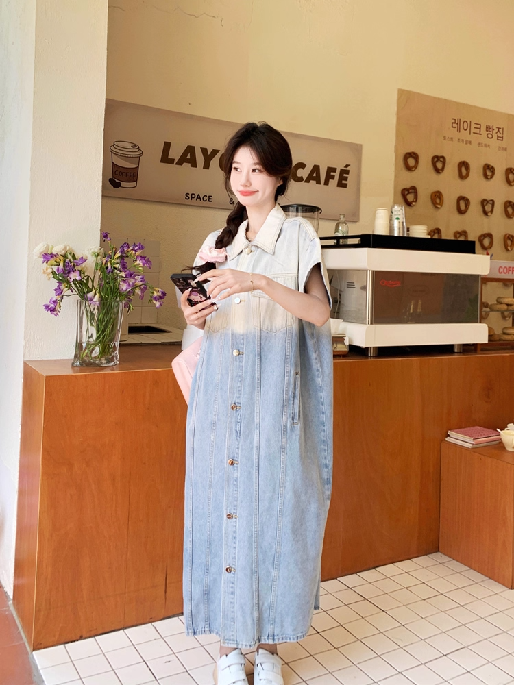 Gradient Color Loose Denim Shirt Dress X3320